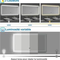 AICA Sanitaire Miroir de salle de bain Bluetooth 140x80 cm, tricolore + horloge + mémoire + dimmable + anti-buée, IP44 Miroir LED,* Miroir Lumineux