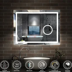 AICA Sanitaire Miroir de salle de bain Bluetooth 80x60 cm, LED tricolore + loupe + mémoire + dimmable + anti-buée, IP44,* Miroir Lumineux