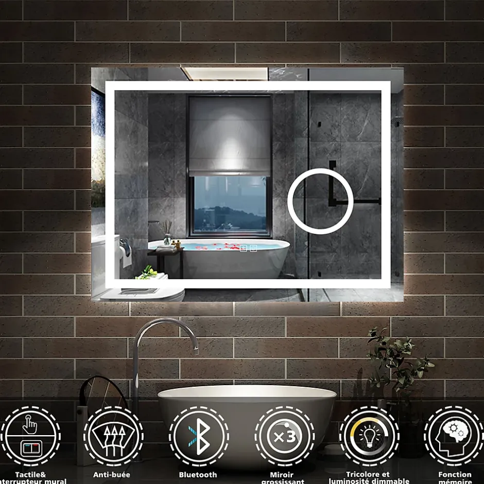 AICA Sanitaire Miroir de salle de bain Bluetooth 80x60 cm, LED tricolore + loupe + mémoire + dimmable + anti-buée, IP44,* Miroir Lumineux