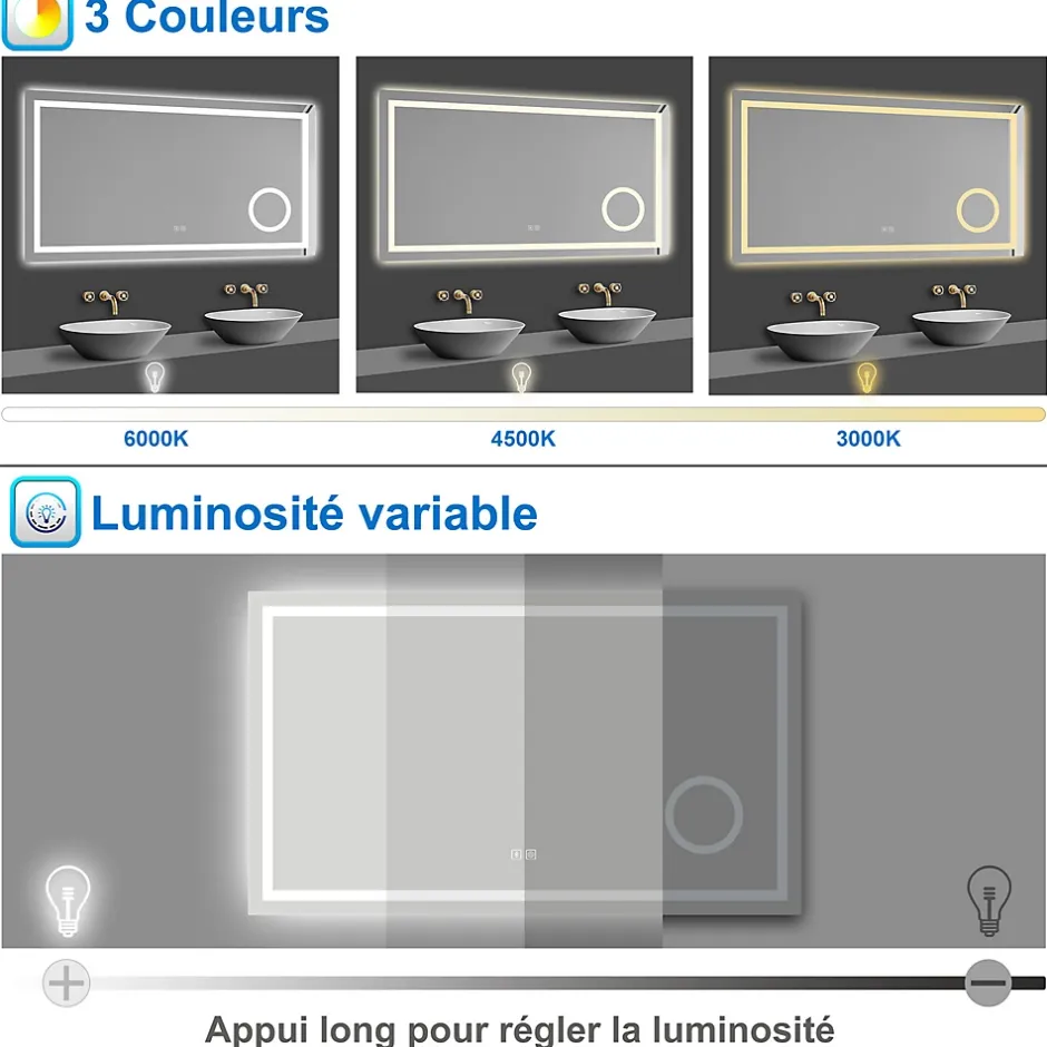 AICA Sanitaire Miroir de salle de bain Bluetooth 80x60 cm, LED tricolore + loupe + mémoire + dimmable + anti-buée, IP44,* Miroir Lumineux