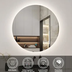 AICA Sanitaire Miroir de salle de bain LED rond 80 cm avec rétro-éclairage sans cadre, anti-buée + mémoire + dimmable,