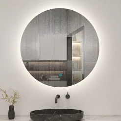 AICA Sanitaire Miroir de salle de bain LED rond 80 cm avec rétro-éclairage sans cadre, anti-buée + mémoire + dimmable,