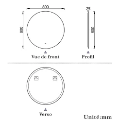 AICA Sanitaire Miroir de salle de bain LED rond 80 cm avec rétro-éclairage sans cadre, anti-buée + mémoire + dimmable,