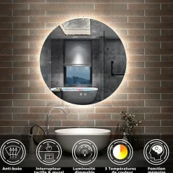 AICA Sanitaire Miroir de salle de bain LED rond 100cm avec rétro-éclairage, tricolore + anti-buée + mémoire + gradation infinie,