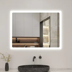 AICA Sanitaire Miroir de salle de bain LED avec bluetooth et horloge, 80x60cm, Tri-color, anti-buée,* Miroir Lumineux