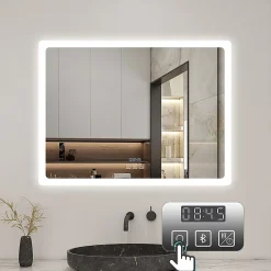 AICA Sanitaire Miroir de salle de bain LED avec bluetooth et horloge, 80x60cm, Tri-color, anti-buée,* Miroir Lumineux