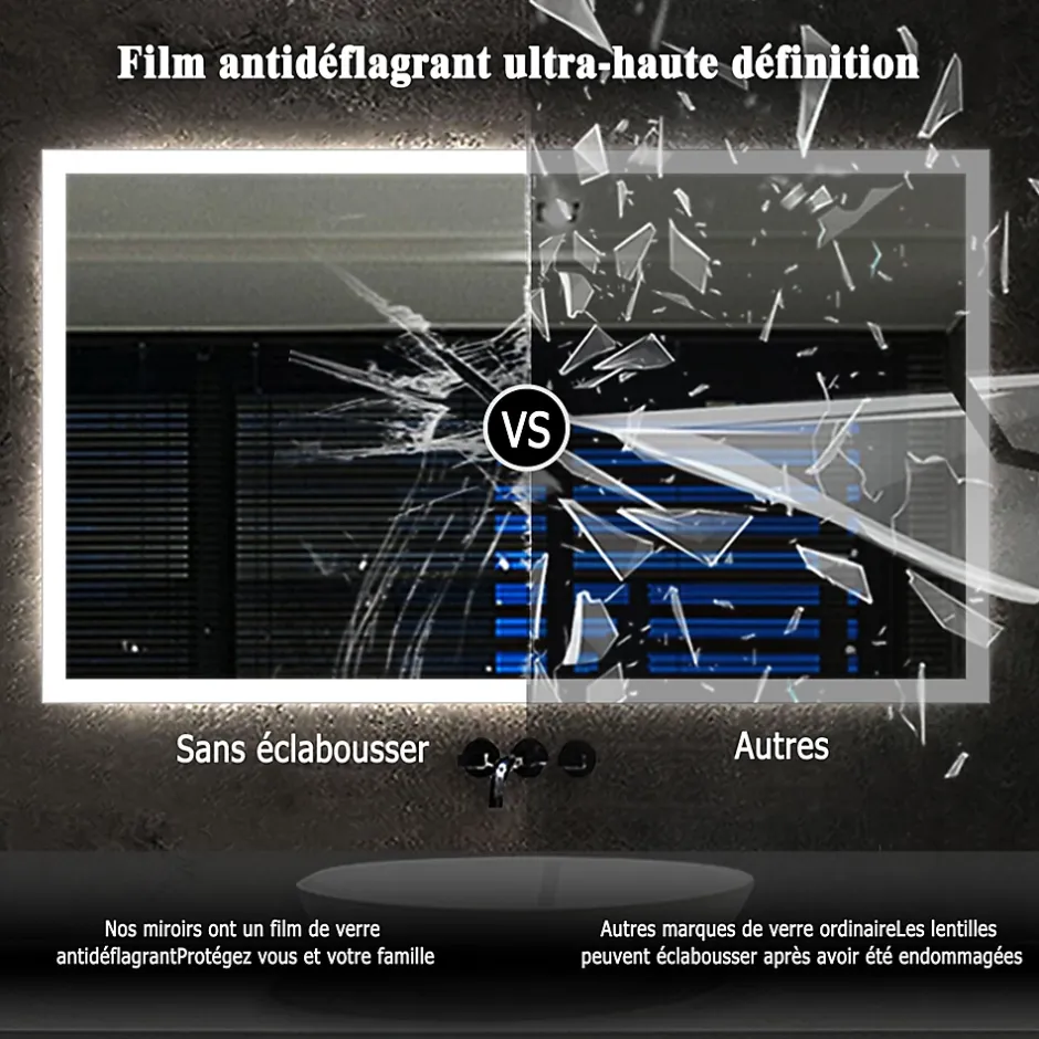AICA Sanitaire Miroir de salle de bain LED avec bluetooth et horloge, 80x60cm, Tri-color, anti-buée,* Miroir Lumineux