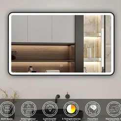AICA Sanitaire Miroir de salle de bain LED 120x70cm avec cadre noir, tricolore + anti-buée + mémoire + gradation infinie,* Miroir Lumineux