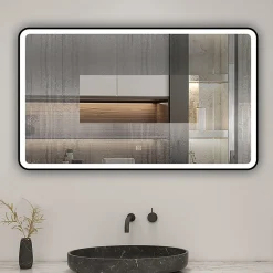 AICA Sanitaire Miroir de salle de bain LED 120x70cm avec cadre noir, tricolore + anti-buée + mémoire + gradation infinie,* Miroir Lumineux