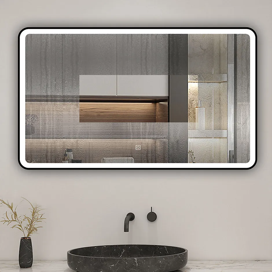 AICA Sanitaire Miroir de salle de bain LED 120x70cm avec cadre noir, tricolore + anti-buée + mémoire + gradation infinie,* Miroir Lumineux