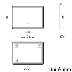 AICA Sanitaire Miroir de salle de bain LED 120x70cm avec cadre noir, tricolore + anti-buée + mémoire + gradation infinie,* Miroir Lumineux