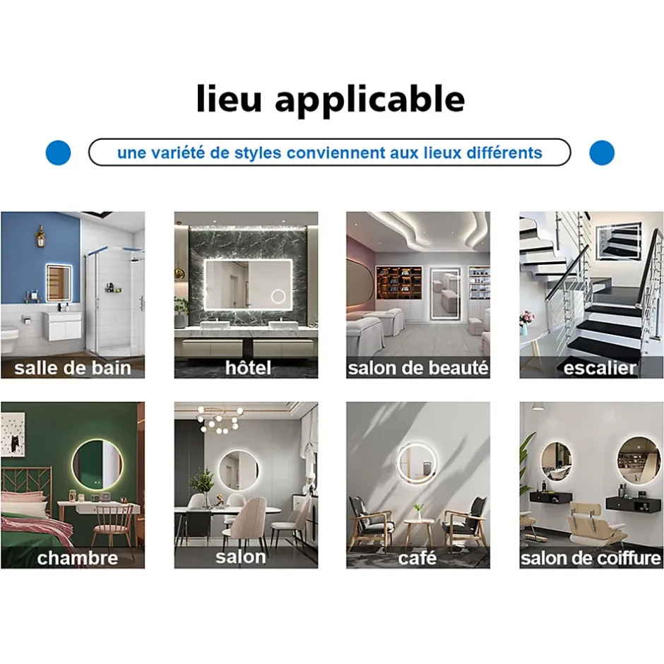AICA Sanitaire Miroir de salle de bain LED 120x70cm avec cadre noir, tricolore + anti-buée + mémoire + gradation infinie,* Miroir Lumineux