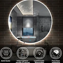 AICA Sanitaire Miroir de salle de bain LED rond de 90cm, dimmable + mémoire + antibuée, avec interrupteur tactile, blanc,* Miroir Lumineux