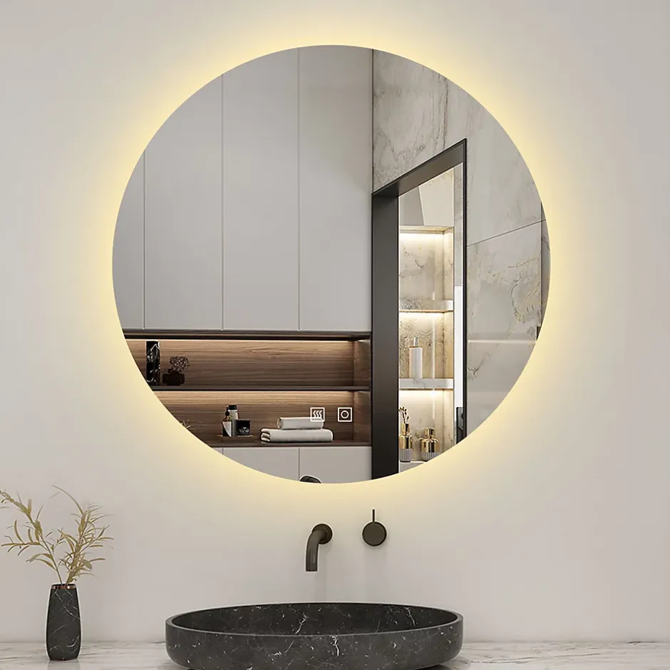AICA Sanitaire Miroir de salle de bain LED rond 80 cm avec rétro-éclairage, tricolore + anti-buée + mémoire + gradation infinie,* Miroir Lumineux