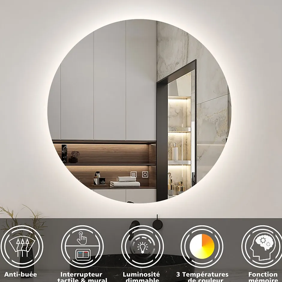 AICA Sanitaire Miroir de salle de bain LED rond 80 cm avec rétro-éclairage, tricolore + anti-buée + mémoire + gradation infinie,* Miroir Lumineux