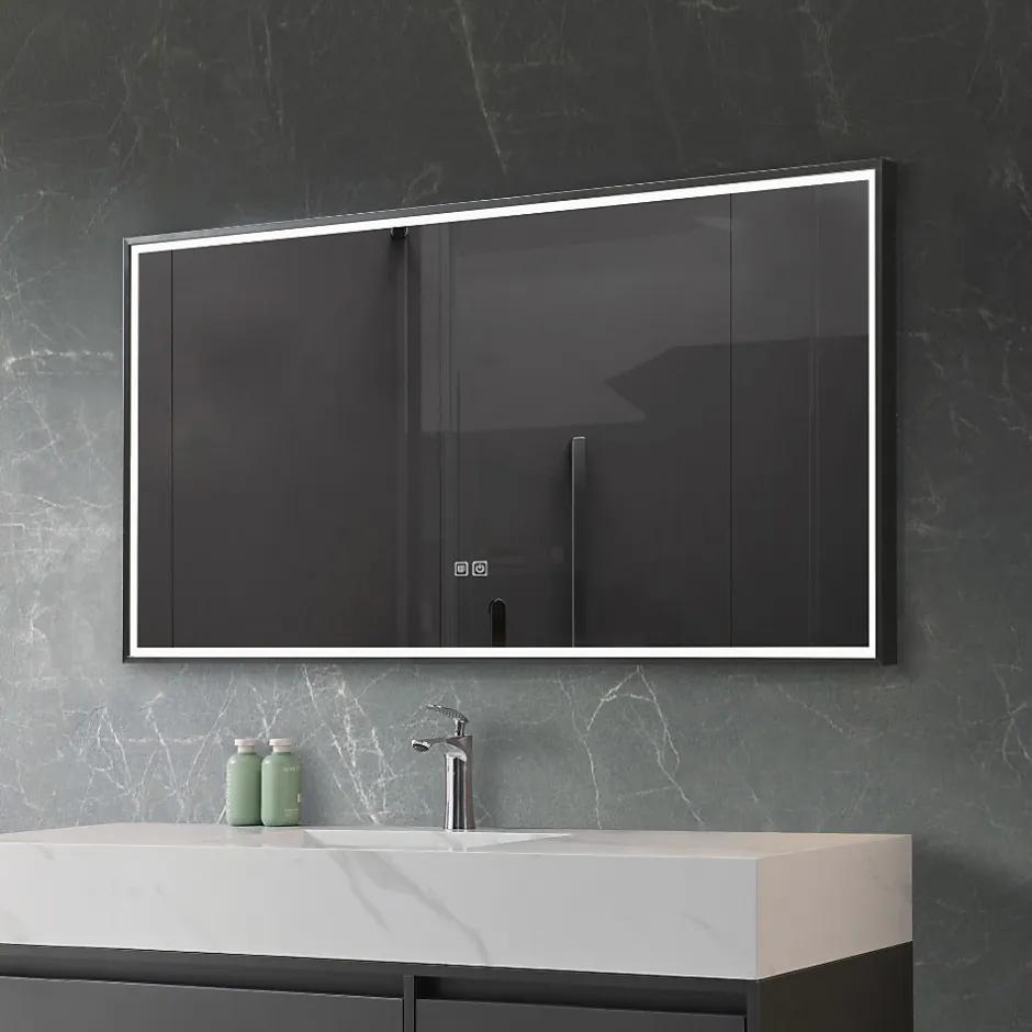 Luxury Bain Miroir de salle de bain LED 90x60cm anti buée, luminosité variable avec cadre en aluminium noir LuxuryBain* Miroir Lumineux