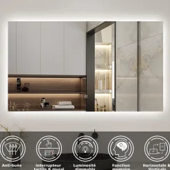 AICA Sanitaire Miroir de salle de bain LED 100x60 cm rétro-éclairé sans cadre avec anti-buée + mémoire + dimmable,