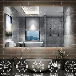 AICA Sanitaire Miroir de salle de bain LED, 120x70cm, mémoire + dimmable + anti-buée, IP44, 6000K blanc,