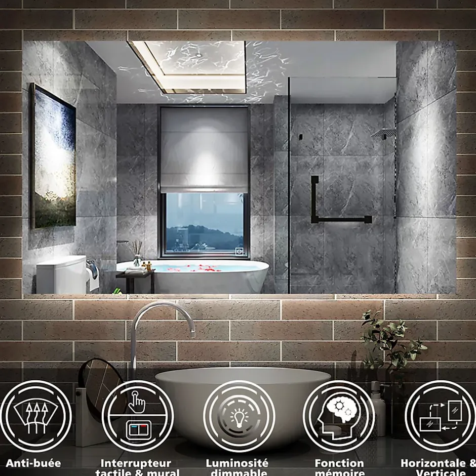 AICA Sanitaire Miroir de salle de bain LED, 120x70cm, mémoire + dimmable + anti-buée, IP44, 6000K blanc,