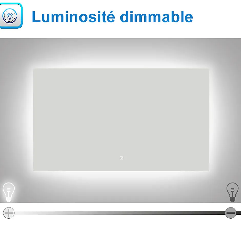 AICA Sanitaire Miroir de salle de bain LED, 120x70cm, mémoire + dimmable + anti-buée, IP44, 6000K blanc,