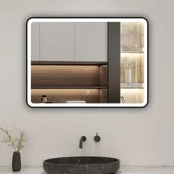AICA Sanitaire Miroir de salle de bain LED 80x60cm avec cadre noir, tricolore + anti-buée + mémoire + gradation infinie,* Miroir Lumineux