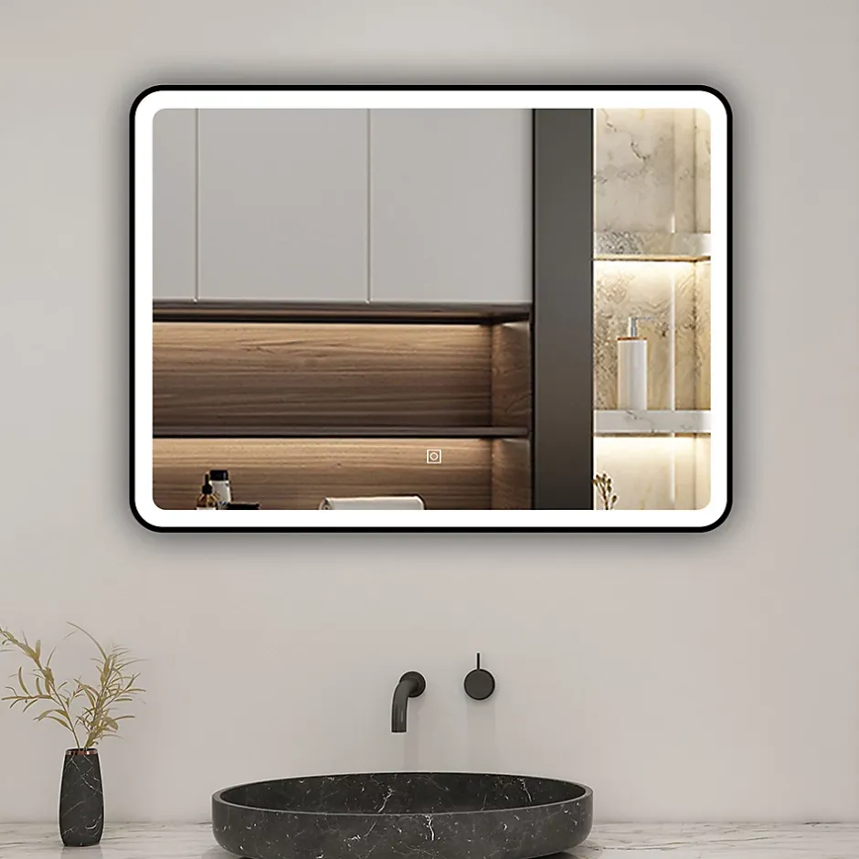 AICA Sanitaire Miroir de salle de bain LED 80x60cm avec cadre noir, tricolore + anti-buée + mémoire + gradation infinie,* Miroir Lumineux