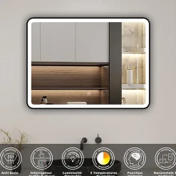 AICA Sanitaire Miroir de salle de bain LED 80x60cm avec cadre noir, tricolore + anti-buée + mémoire + gradation infinie,* Miroir Lumineux