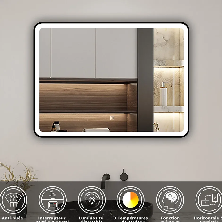 AICA Sanitaire Miroir de salle de bain LED 80x60cm avec cadre noir, tricolore + anti-buée + mémoire + gradation infinie,* Miroir Lumineux