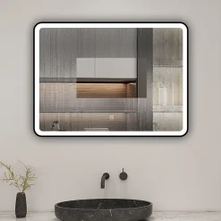 AICA Sanitaire Miroir de salle de bain LED 80x60cm avec cadre noir, tricolore + anti-buée + mémoire + gradation infinie,* Miroir Lumineux