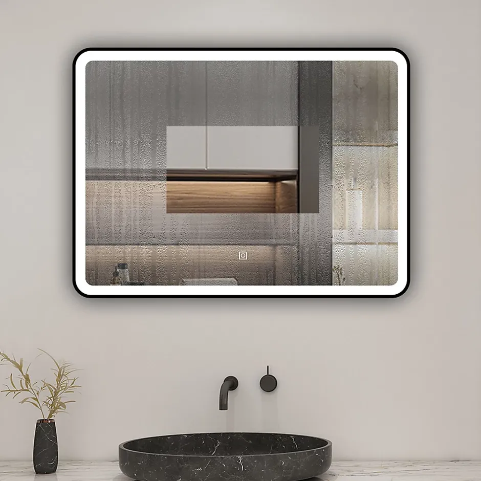AICA Sanitaire Miroir de salle de bain LED 80x60cm avec cadre noir, tricolore + anti-buée + mémoire + gradation infinie,* Miroir Lumineux