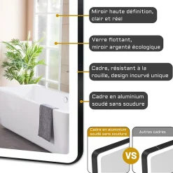 AICA Sanitaire Miroir de salle de bain LED 80x60cm avec cadre noir, tricolore + anti-buée + mémoire + gradation infinie,* Miroir Lumineux