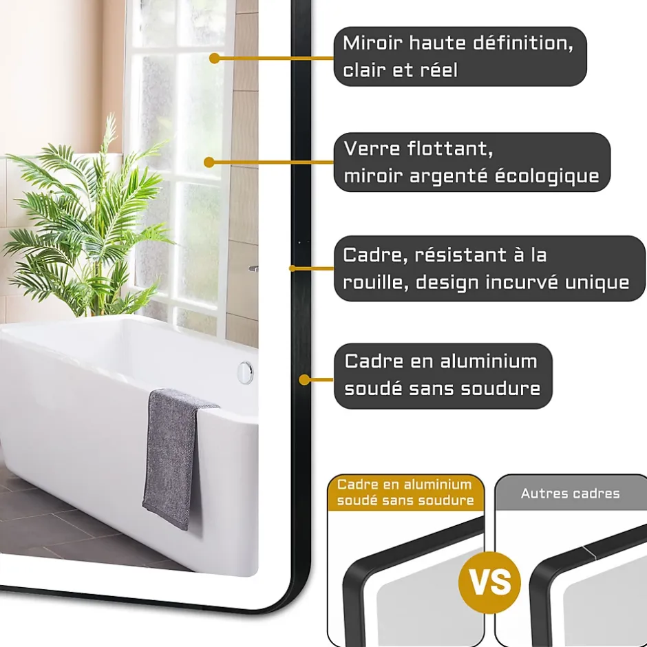 AICA Sanitaire Miroir de salle de bain LED 80x60cm avec cadre noir, tricolore + anti-buée + mémoire + gradation infinie,* Miroir Lumineux