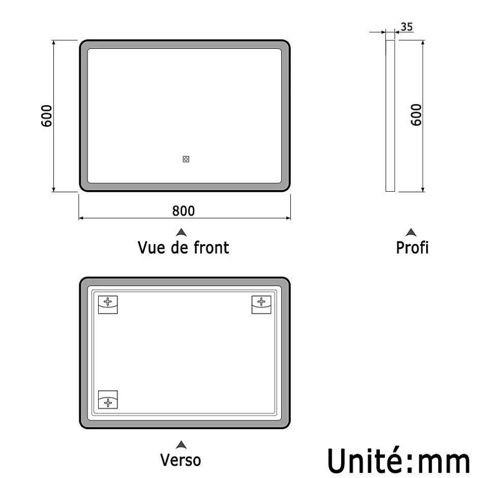 AICA Sanitaire Miroir de salle de bain LED 80x60cm avec cadre noir, tricolore + anti-buée + mémoire + gradation infinie,* Miroir Lumineux