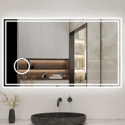 AICA Sanitaire Miroir de salle de bain LED 160x80cm Tricolor anti-buée avec bluetooth simple, horloge et miroir grossissant 3x,