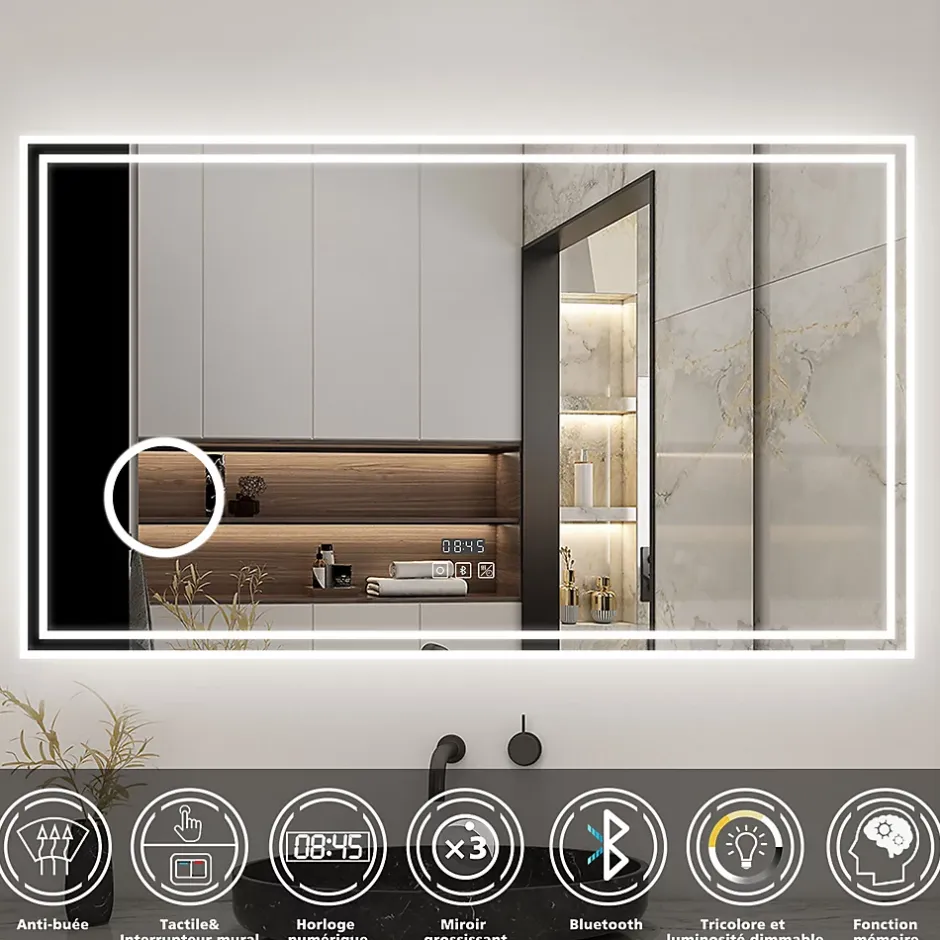 AICA Sanitaire Miroir de salle de bain LED 160x80cm Tricolor anti-buée avec bluetooth simple, horloge et miroir grossissant 3x,