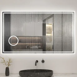 AICA Sanitaire Miroir de salle de bain LED 160x80cm Tricolor anti-buée avec bluetooth simple, horloge et miroir grossissant 3x,