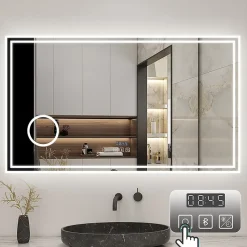 AICA Sanitaire Miroir de salle de bain LED 160x80cm Tricolor anti-buée avec bluetooth simple, horloge et miroir grossissant 3x,
