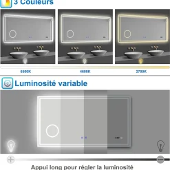 AICA Sanitaire Miroir de salle de bain LED 160x80cm Tricolor anti-buée avec bluetooth simple, horloge et miroir grossissant 3x,