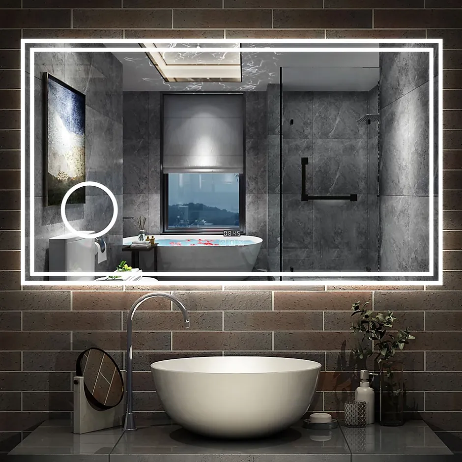 AICA Sanitaire Miroir de salle de bain LED 160x80cm Tricolor anti-buée avec bluetooth simple, horloge et miroir grossissant 3x,