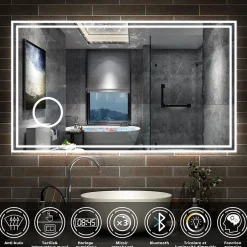 AICA Sanitaire Miroir de salle de bain LED 160x80cm Tricolor anti-buée avec bluetooth simple, horloge et miroir grossissant 3x,