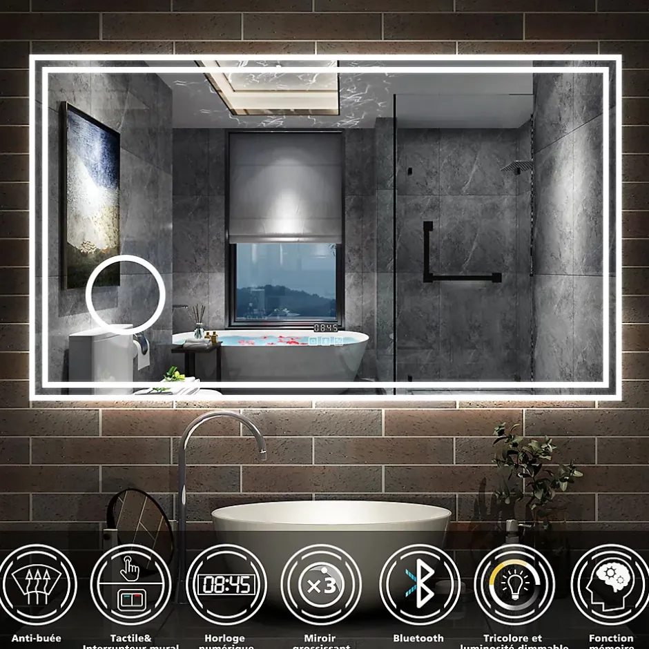 AICA Sanitaire Miroir de salle de bain LED 160x80cm Tricolor anti-buée avec bluetooth simple, horloge et miroir grossissant 3x,