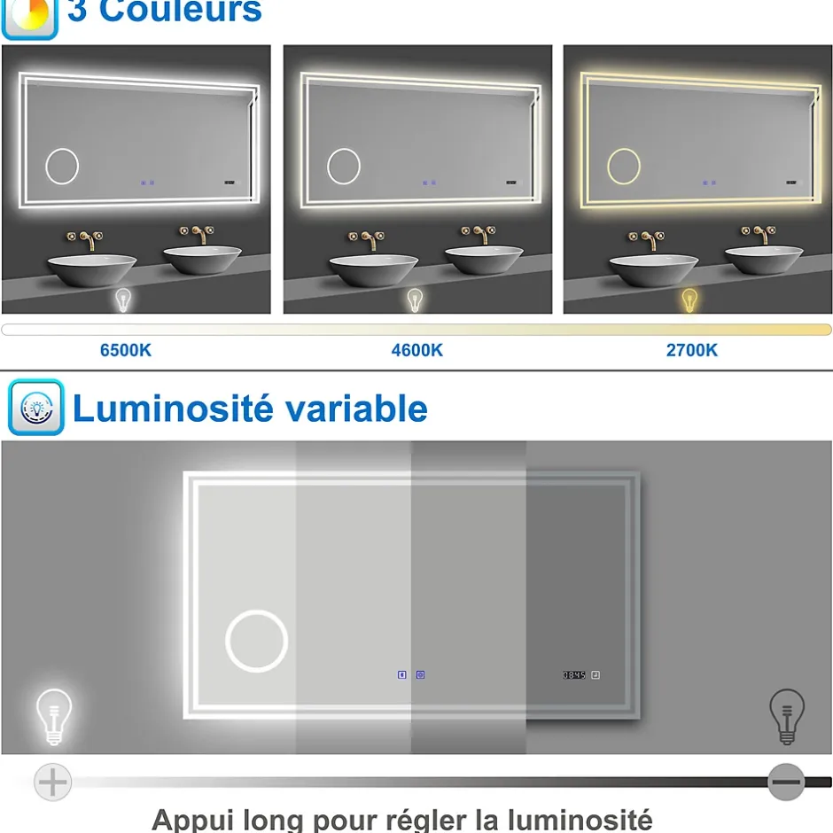 AICA Sanitaire Miroir de salle de bain LED 160x80cm Tricolor anti-buée avec bluetooth simple, horloge et miroir grossissant 3x,