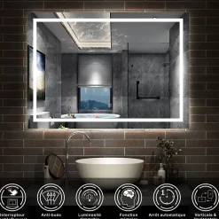 AICA Sanitaire Miroir de salle de bain LED dimmable, avec mémoire et anti-buée, 120x80cm, IP44,