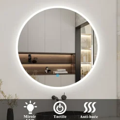 AICA Sanitaire Miroir de salle de bain led rond 70 cm, anti buée miroir avec interrupteur tactile,lumière blanche,* Miroir Lumineux