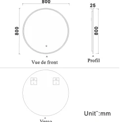 AICA Sanitaire Miroir de salle de bain led rond 80 cm, anti buée miroir avec interrupteur tactile,lumière blanche,
