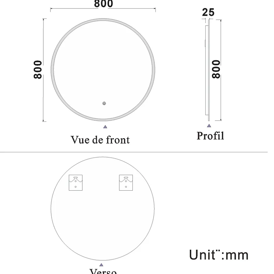 AICA Sanitaire Miroir de salle de bain led rond 80 cm, anti buée miroir avec interrupteur tactile,lumière blanche,