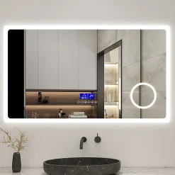 AICA Sanitaire Miroir de salle de bain led bluetooth, 80x60cm Anti-buée, 3x Loupe, 3 couleurs de lumière,