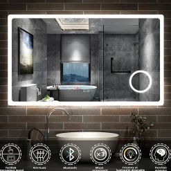AICA Sanitaire Miroir de salle de bain LED 120x70cm tricolor anti-buée avec bluetooth et loupe 3x,mémoire et lumière gradation,