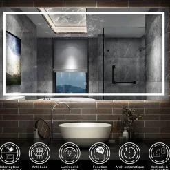 AICA Sanitaire Miroir de salle de bain LED dimmable, avec mémoire et anti-buée, 160x80cm, IP44,* Miroir Lumineux