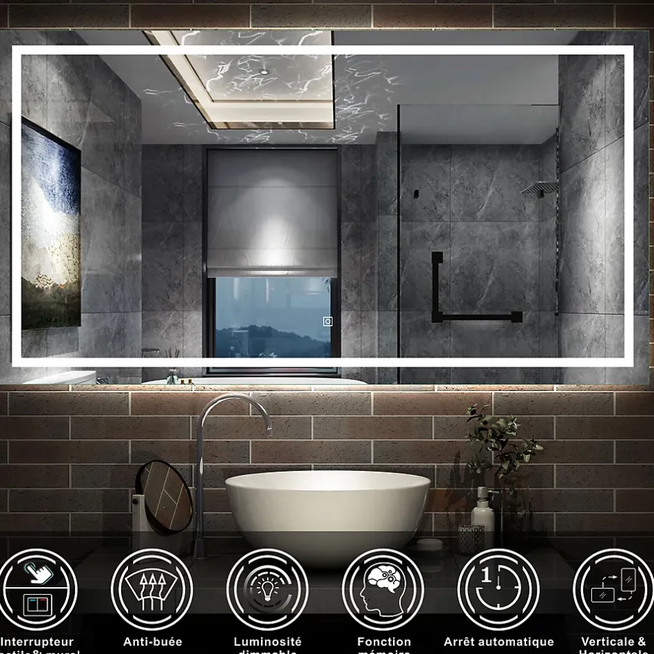 AICA Sanitaire Miroir de salle de bain LED dimmable, avec mémoire et anti-buée, 160x80cm, IP44,* Miroir Lumineux